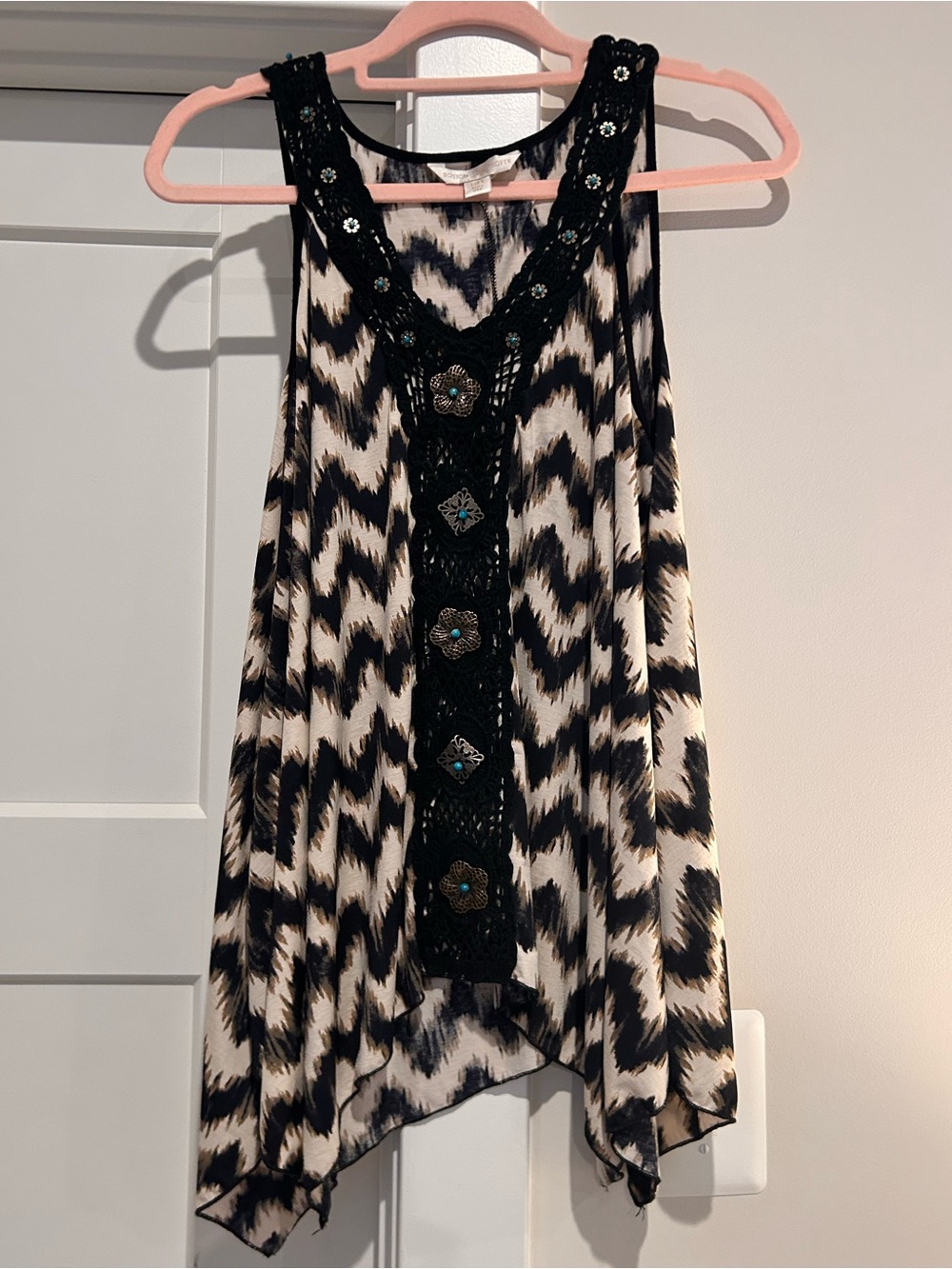 Boston Proper Black and Cream Ikat-Print Beaded Camisole